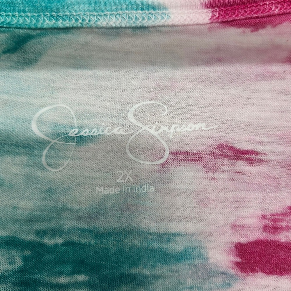 Jessica Simpson Tie Dye V Neck T‎ Shirt Top Women's 2X Pink Teal White - Picture 3 of 5